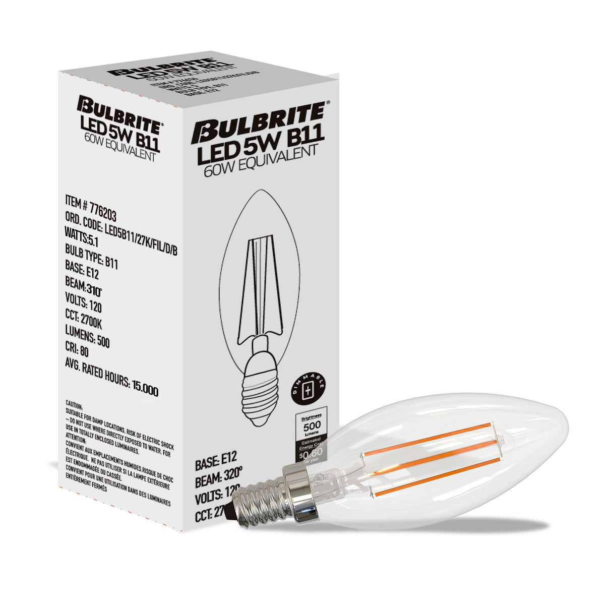 Bulbrite LED Filament 5 Watt Dimmable B11 Light Bulb with Clear Glass Finish and Candelabra (E12) Base - 2700K (Warm White Light), 500 Lumens