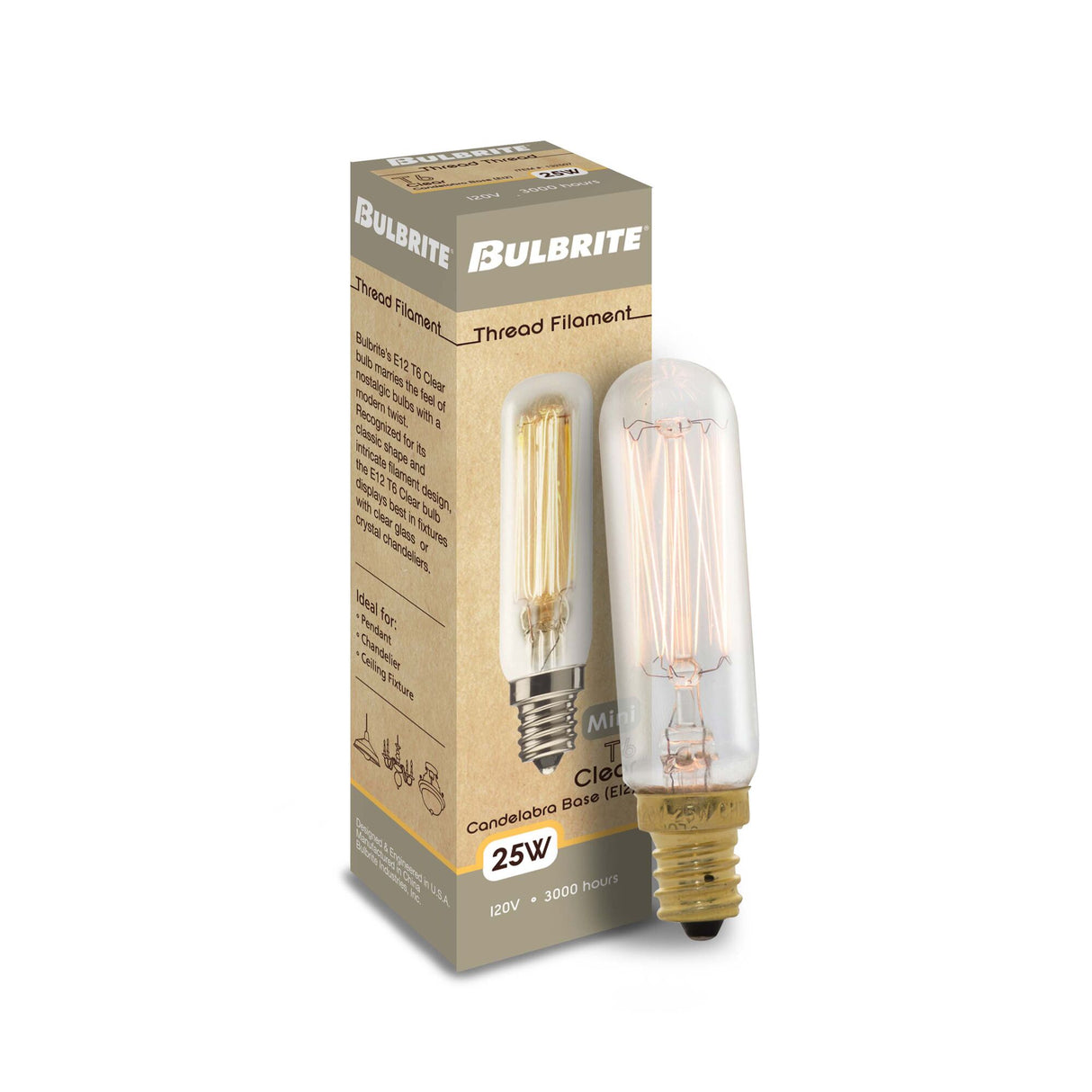 Bulbrite 132507, 25 Watt Dimmable Clear Appliance, Amusement T6 Candelabra (E12) Incandescent Tubular Light Bulb