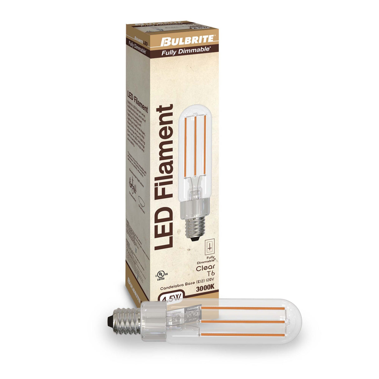 Bulbrite 776791, LED Filament Tubular Light Bulb - 4.5 Watts, Dimmable - T6, Clear Glass Finish - Candelabra (E12) Base - 3000K (Soft White Light), 450 Lumens