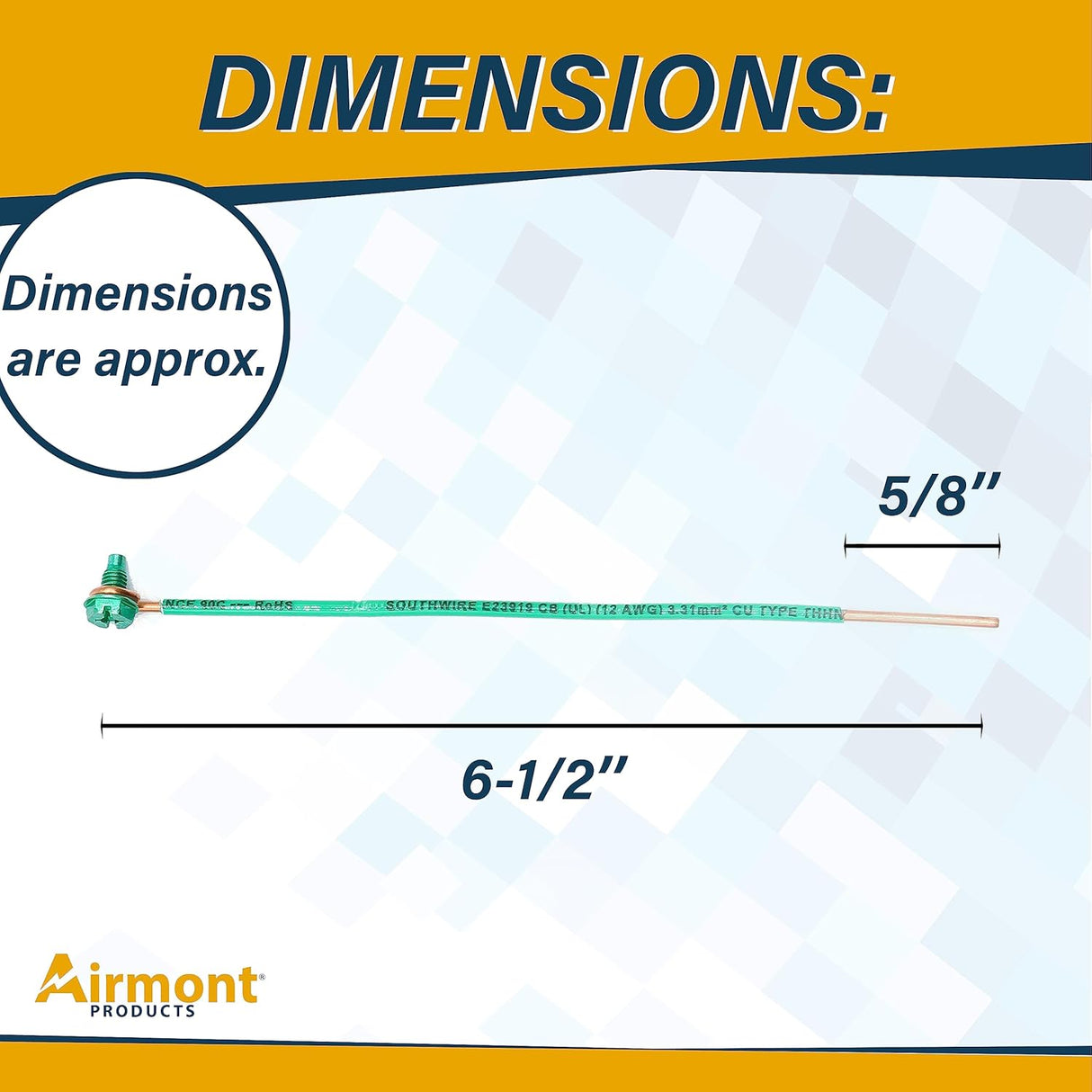 (Pack of 100) Green Ground Solid Copper Wire 6.5 Inches Long, 12 AWG, with Captive Ground Screw, Made in USA