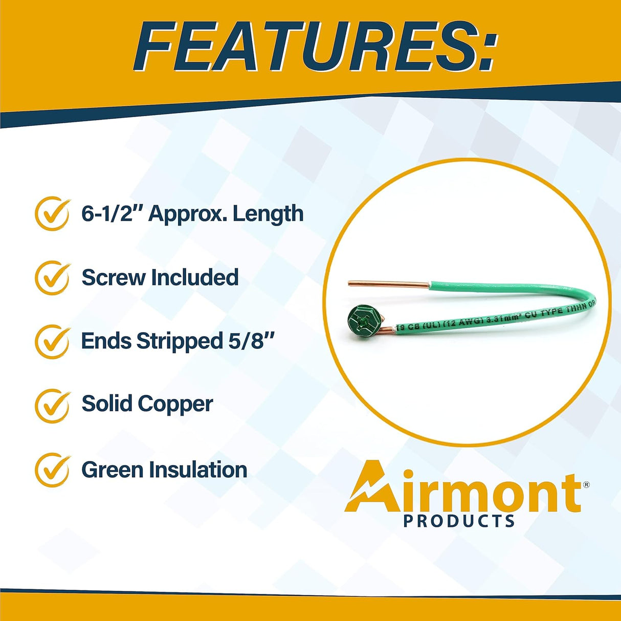 (Pack of 100) Green Ground Solid Copper Wire 6.5 Inches Long, 12 AWG, with Captive Ground Screw, Made in USA