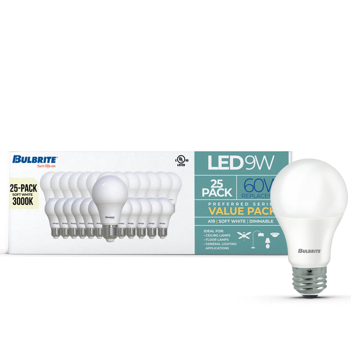 (25 Pack) Bulbrite 774258, 9 Watt LED A19 Light Bulb, 60 W Equiv Preferred Dimmable 3000k E26 120v - 25pk