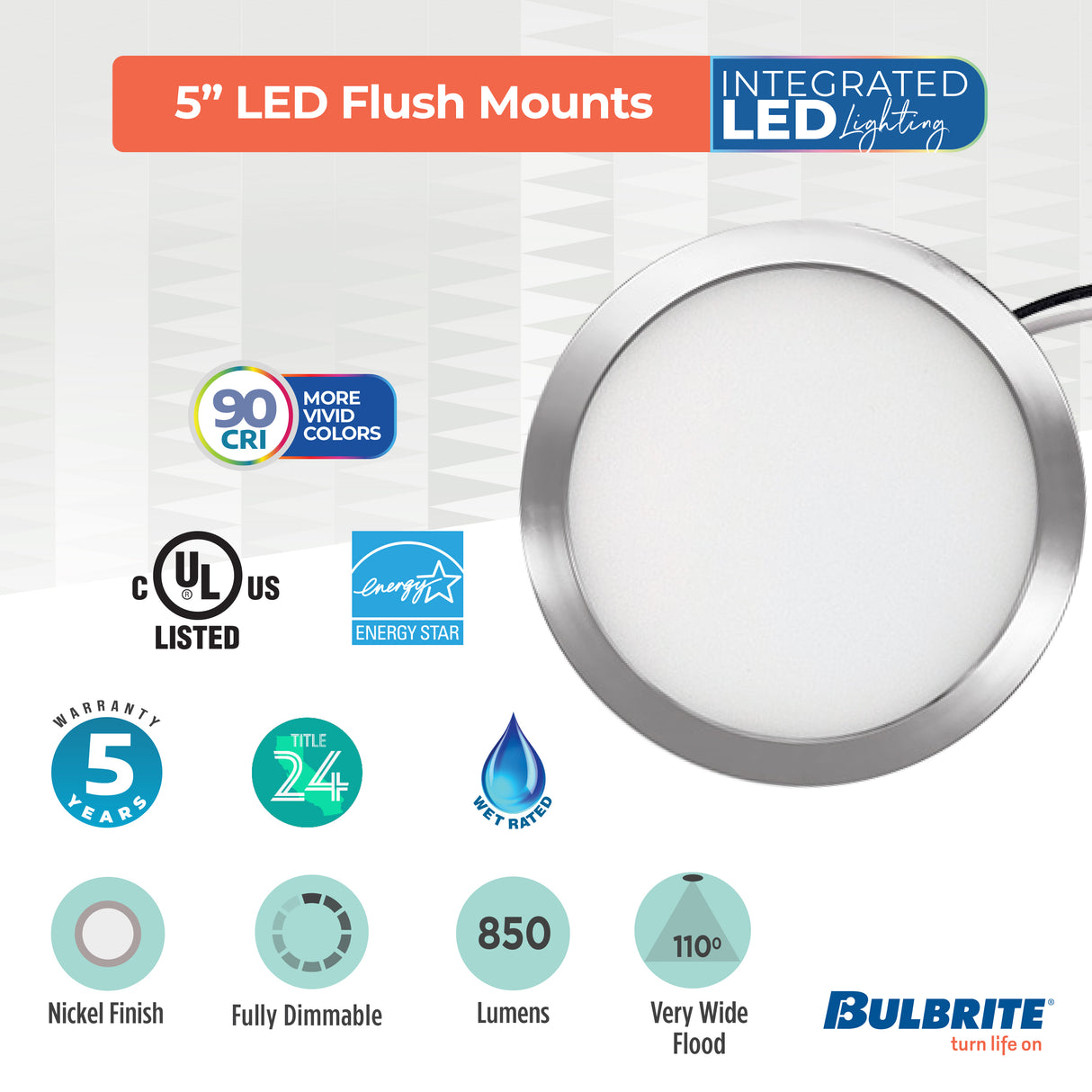 Bulbrite 773602 5 in. Round 10.3-Watt 3000K LED Flush Mount Light, 850 Lumens, Nickel
