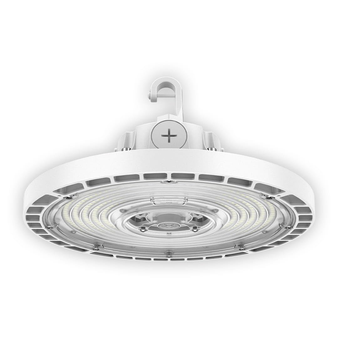 Elevate HBR-150CLS-CR-WH, 150W UFO LED High Bay Light, 23,000 Lumens, 4000K/5000K Selectable, IP65 Waterproof, Dimmable Commercial Fixture for Warehouse, Garage, Gym, Workshop, White