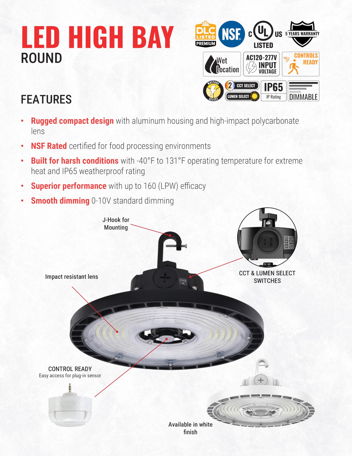 Elevate HBR-150CLS-CR-BL, 150W UFO LED High Bay Light, 23,000 Lumens, 4000K/5000K Selectable, IP65 Waterproof, Dimmable Commercial Fixture for Warehouse, Garage, Gym, Workshop, Black