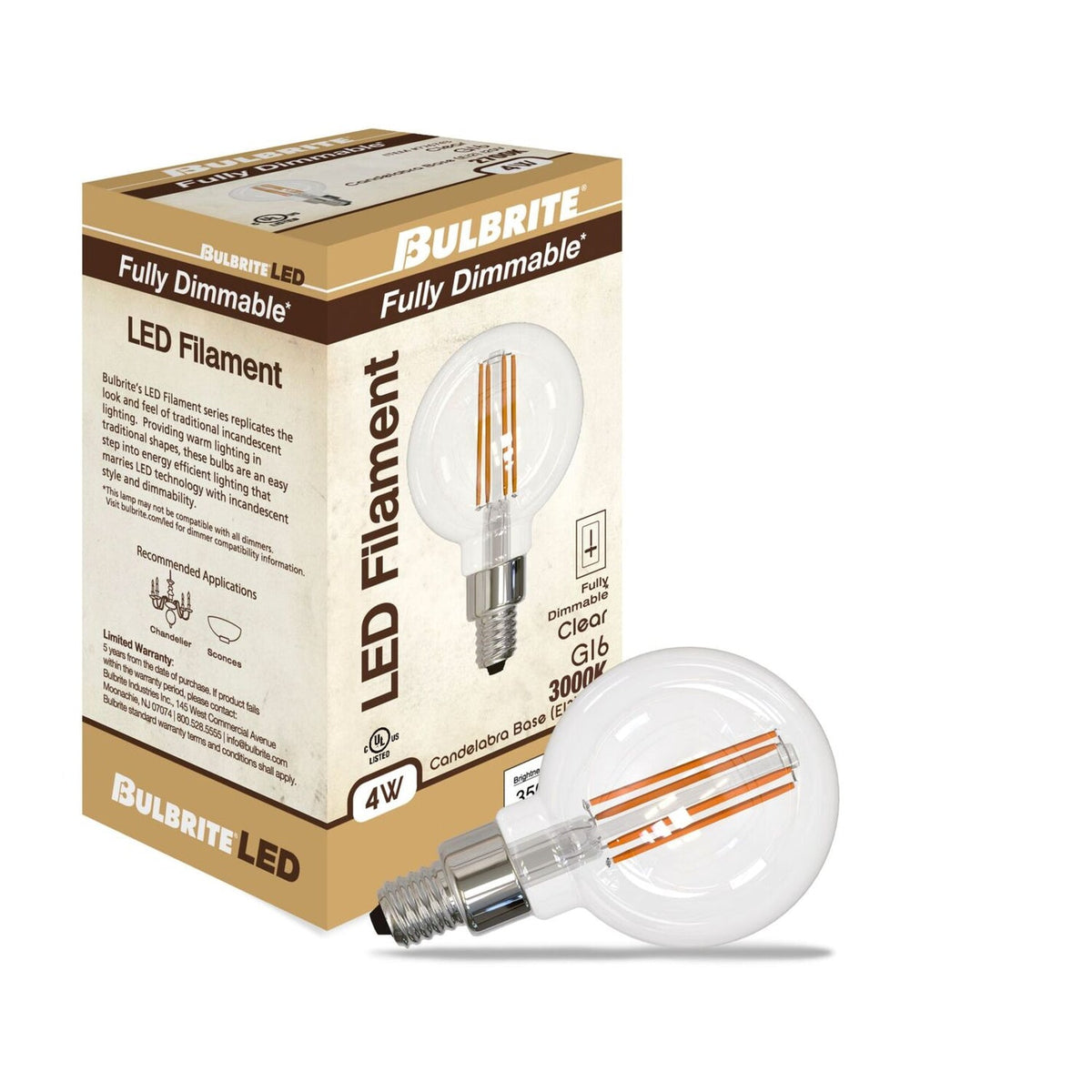 Bulbrite LED Filament 4 Watt Dimmable G16 Light Bulb with a Clear finish and Candelabra (E12) Base - 3000K Soft White Light, 350 Lumens