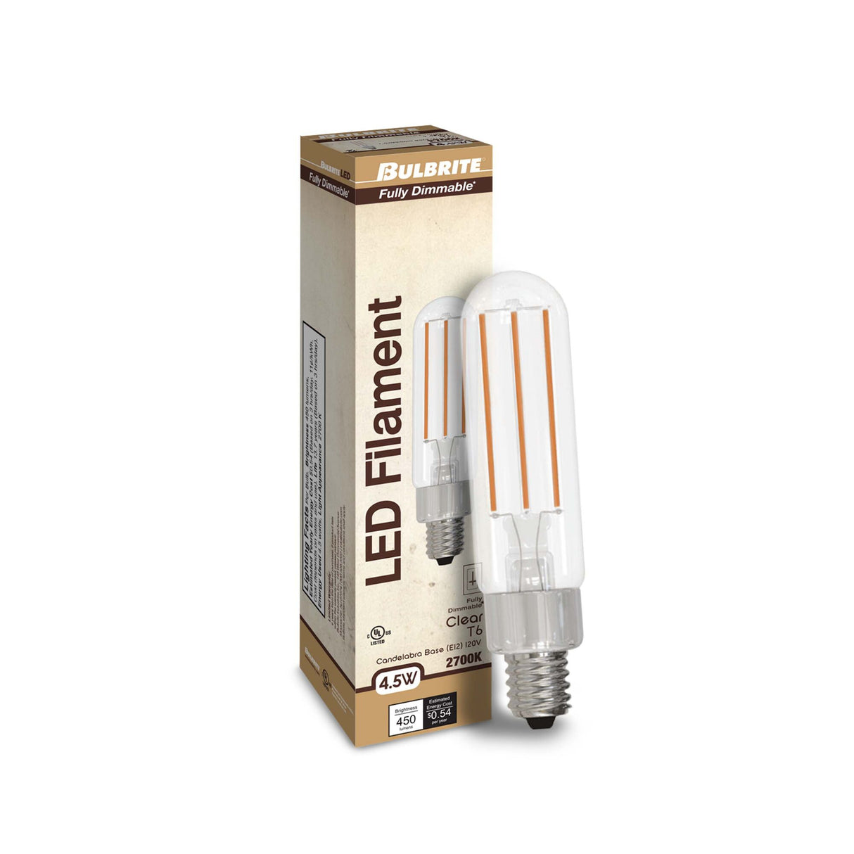 Bulbrite 776780, LED Filament 4.5 Watt Dimmable T6 Light Bulb with Clear Glass Finish and Candelabra (E12) Base - 2700K (Warm White Light), 450 Lumens