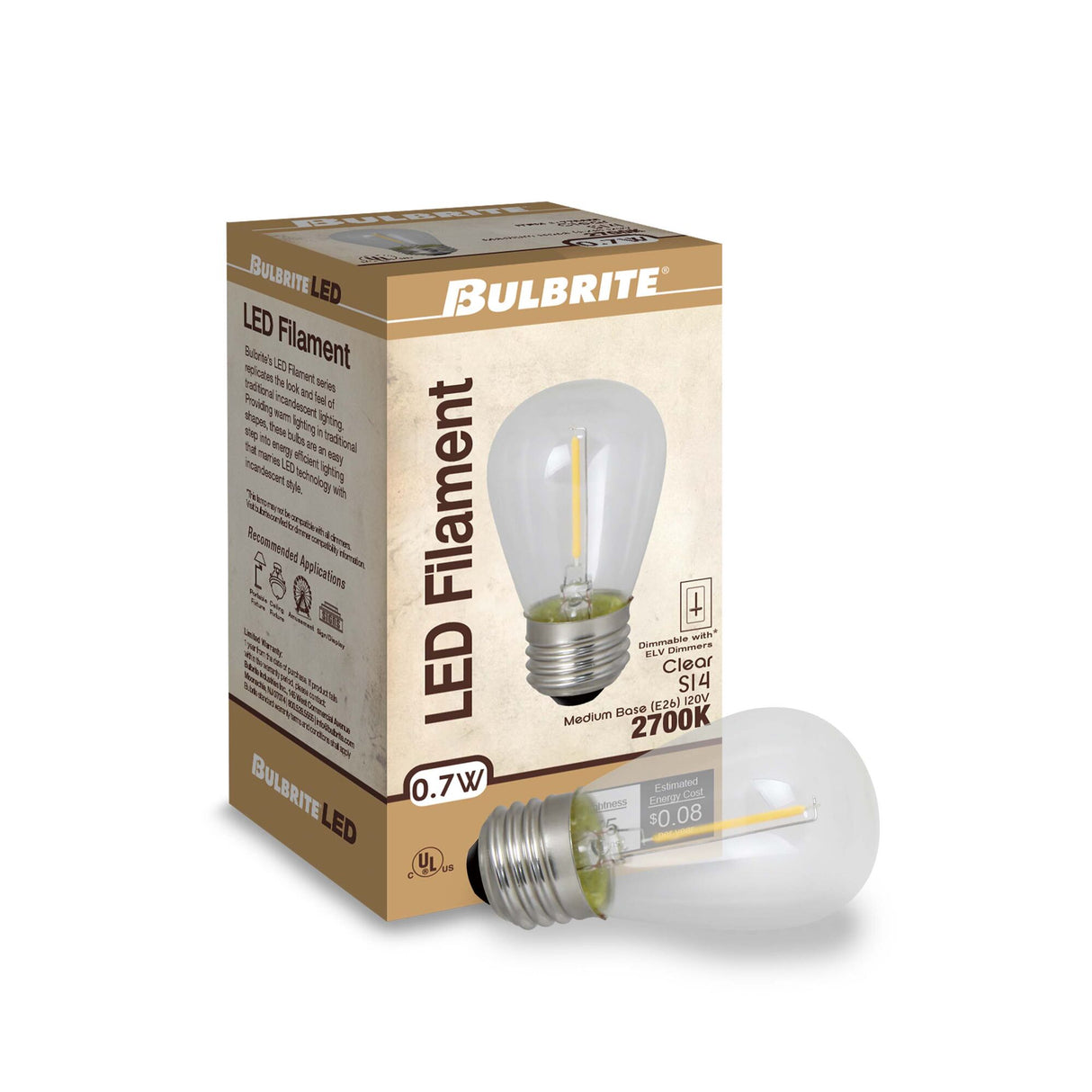 Bulbrite 776685, 0.7 Watt Clear Filament S14 Medium (E26) LED Light Bulb - 75 Lumens, 2700K