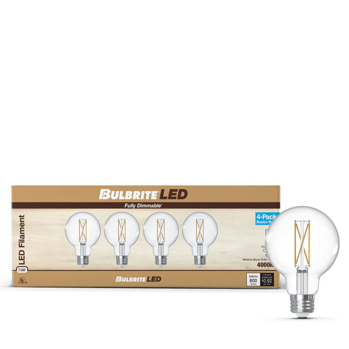 (4 Pack) Bulbrite 776241, 7 Watt Globe LED G25 Filament Light Bulb, E26 Standard Base, 4000k CCT, Dimmable