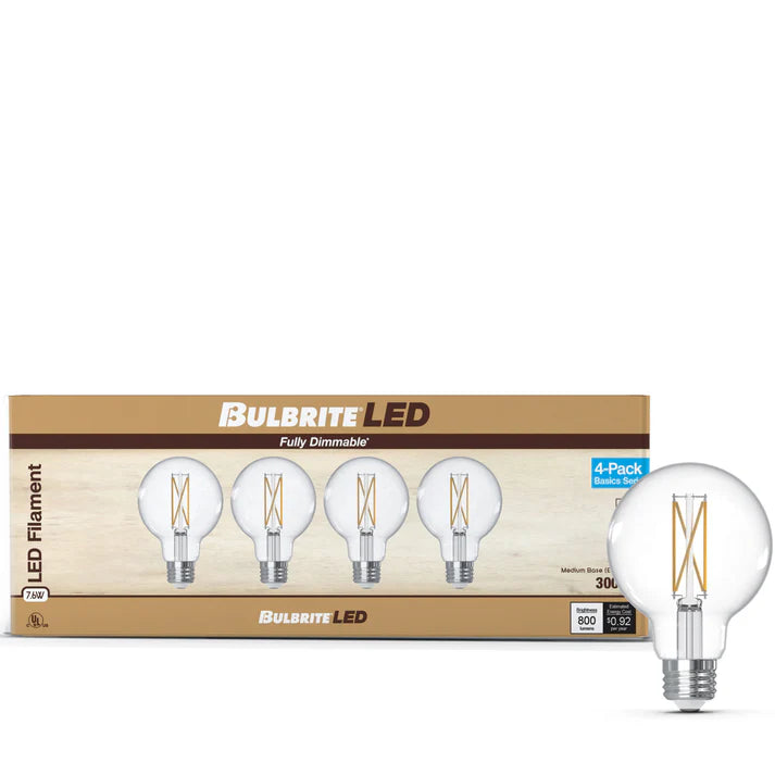 (4 Pack) Bulbrite 776240, 7 Watt Globe LED G25 Filament Light Bulb, E26 Standard Base, 3000k CCT, Dimmable