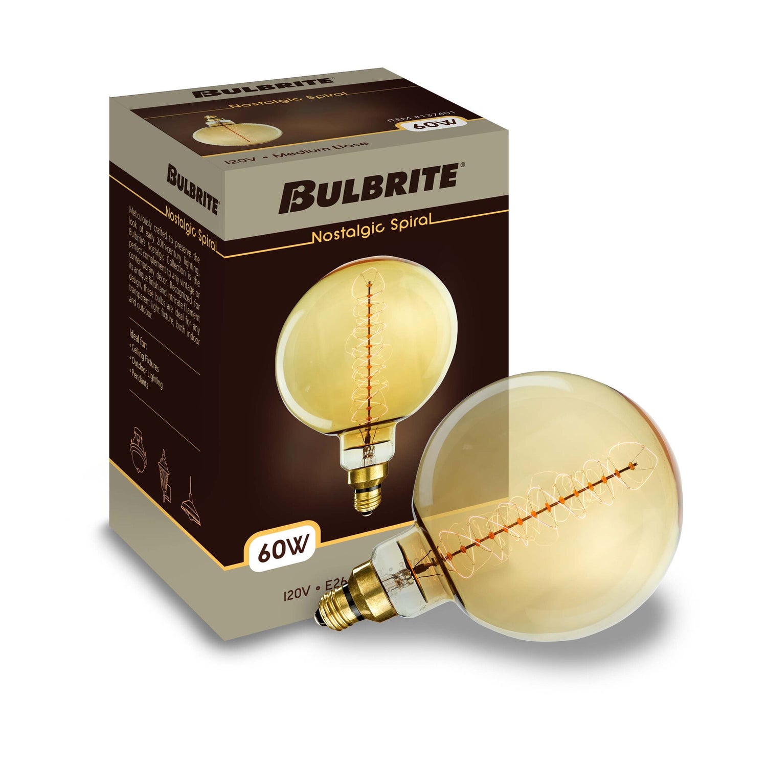Bulbrite Grand Nostalgic Collection 60 Watt Dimmable Globe Shape Oversized Decorative Incandescent Light Bulb with Medium (E26) Base, 2200K Amber Light, Antique Glass Finish