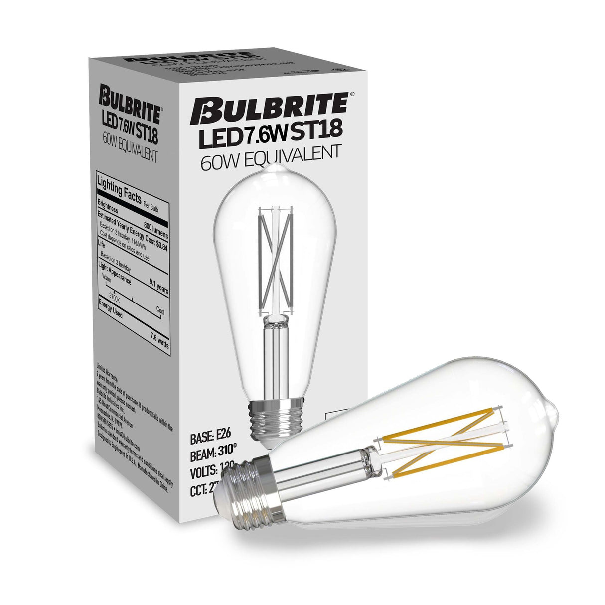 Bulbrite 7 Watt Dimmable Clear ST18 LED Light Bulbs with Medium (E26) Base, 2700K Warm White Light, 800 Lumens