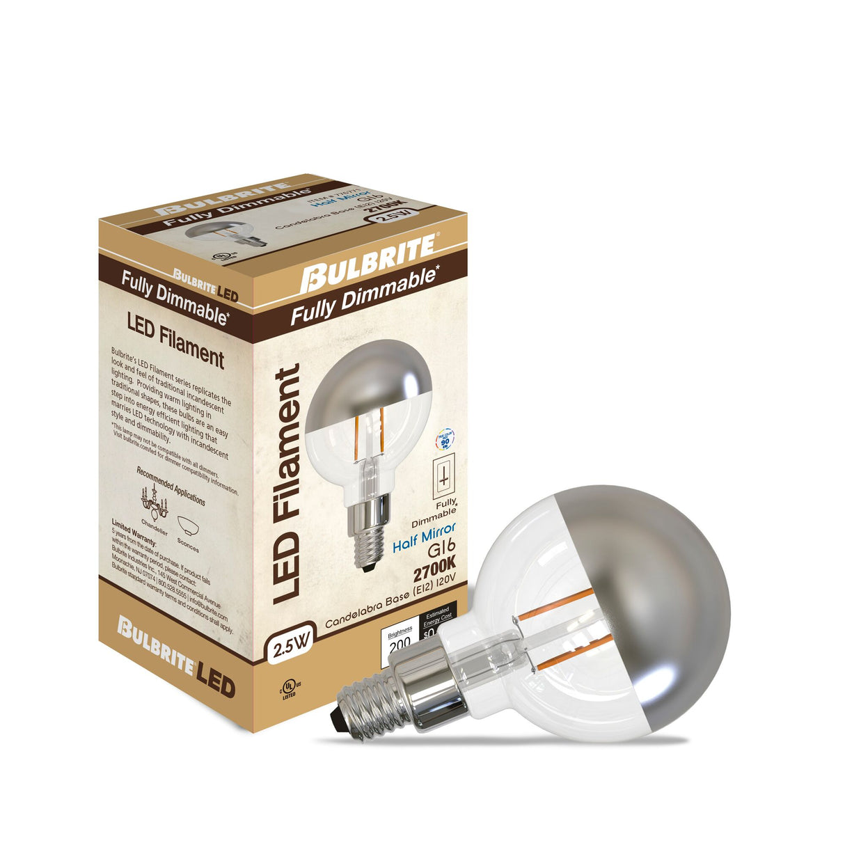 Bulbrite 776771, LED Filaments G16 Light Bulb with E12 base, Half Chrome, 2700K, 200 Lumens