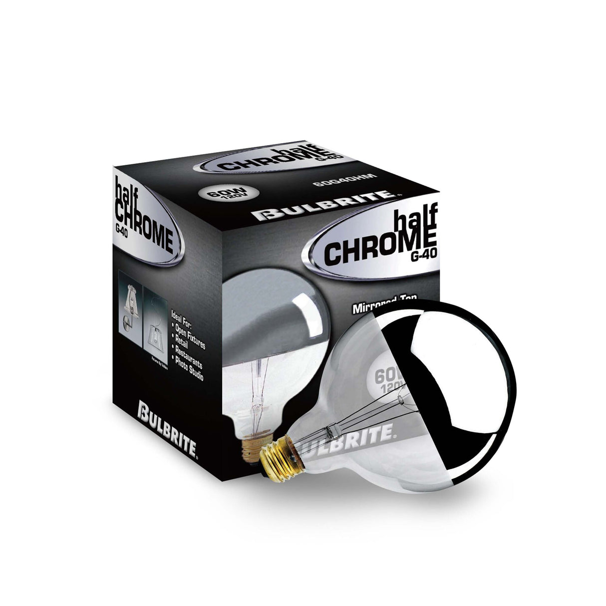 Bulbrite 712356, 60 Watt Dimmable Half Chrome G40 Incandescent Light Bulbs with Medium (E26) Base, 2700K Warm White Light