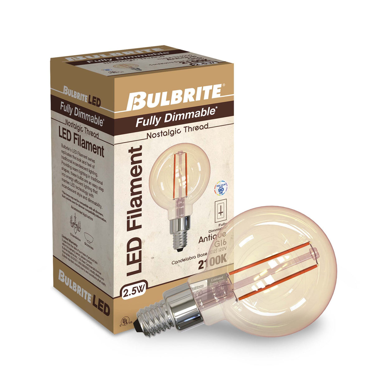 Bulbrite 776906, LED Filament G16 Nostalgic Thread Edison Light Bulb, 25 Watt Equivalent, 2100K, Antique Glass Finish