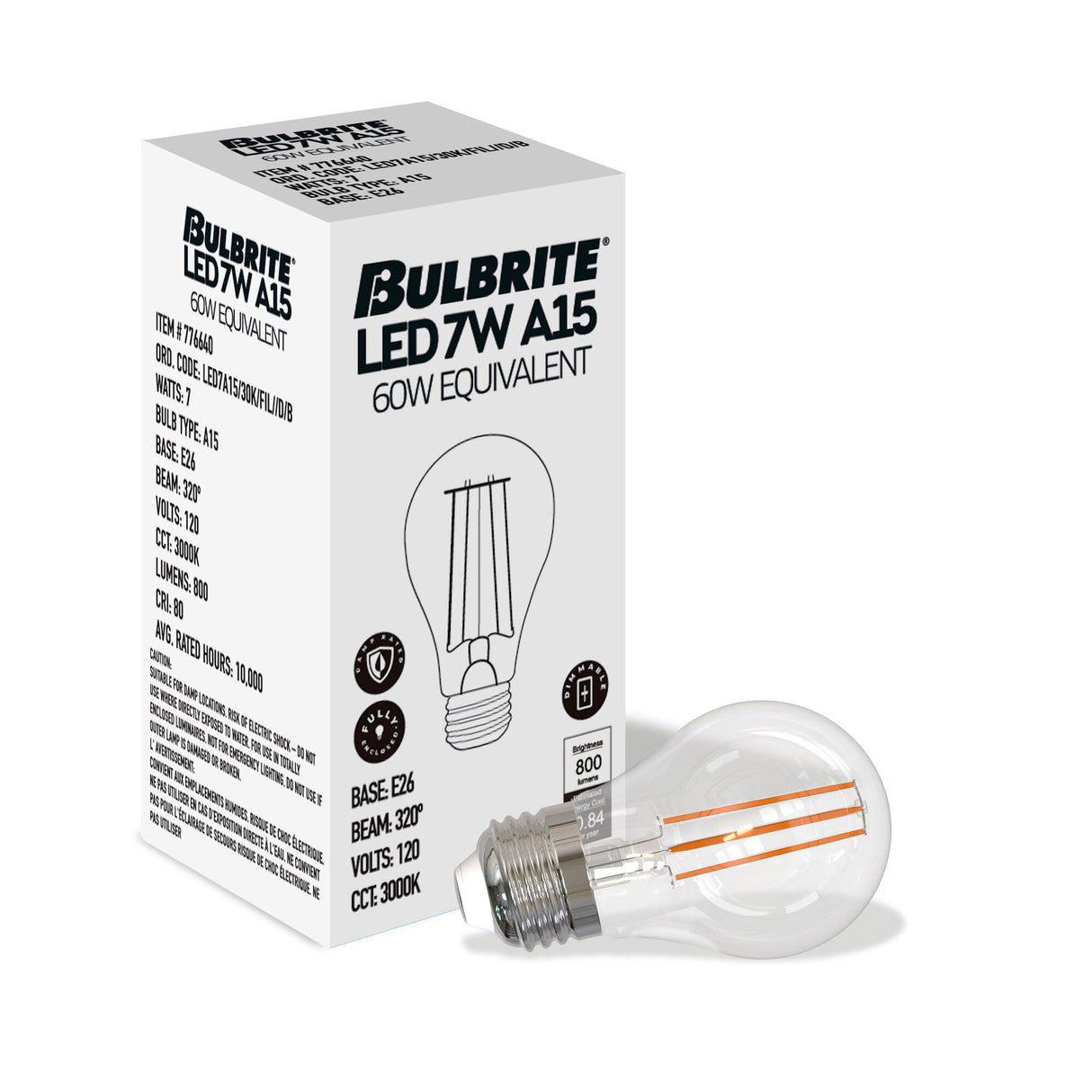 Bulbrite LED Filament 7 Watt Dimmable A15 Light Bulb with Clear Glass Finish and Medium (E26) Base - 3000K (Soft White Light), 800 Lumens