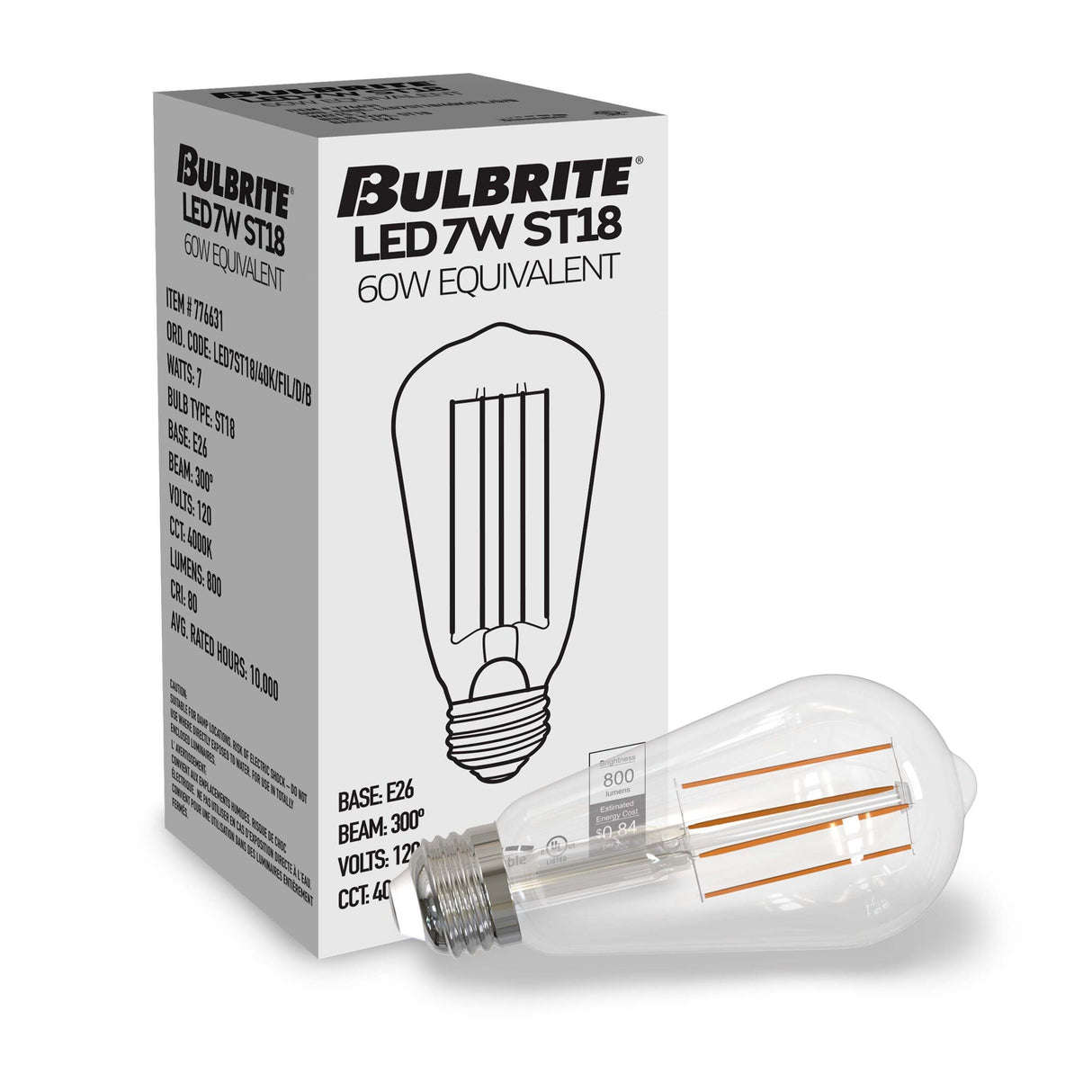 Bulbrite LED Filaments Basics ST18 Light Bulb with E26 base, Clear, 4000K, 800 Lumens