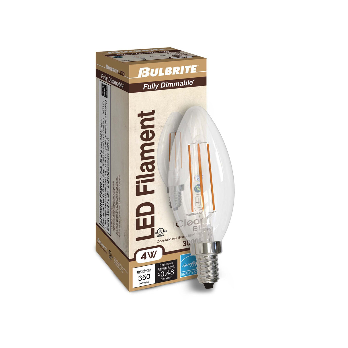 Bulbrite 4 Watt Dimmable Clear Filament B11 Candelabra (E12) LED Bulb - 300 Lumens, 3000K, and 90 CRI