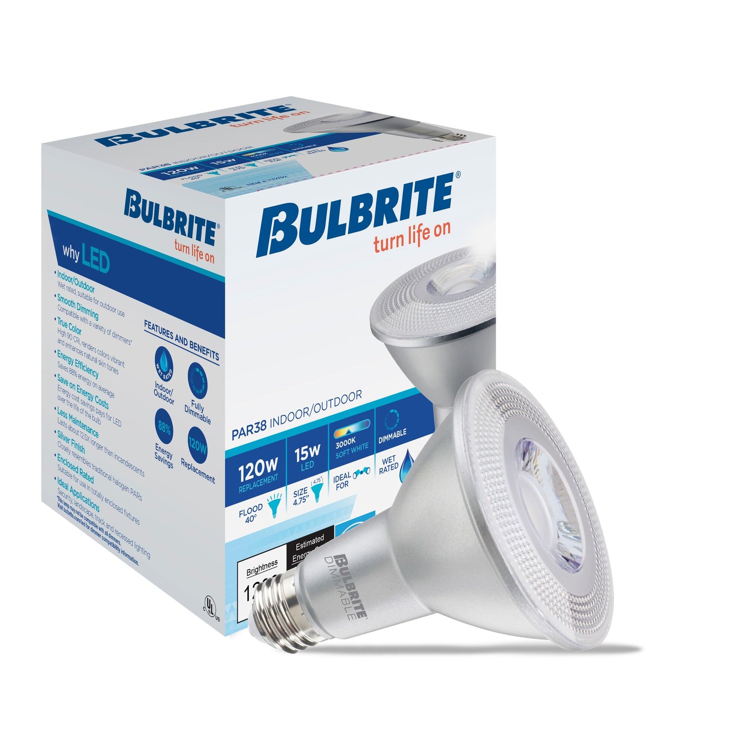 Bulbrite 15 Watt Dimmable Flood PAR38 Medium (E26) LED Light Bulbs - 3000K (Soft White Light), 1200 Lumens