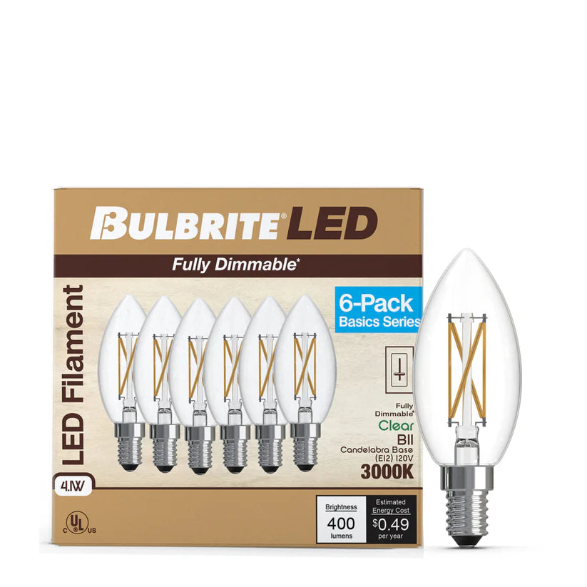 (6 Pack) Bulbrite 776230, 4-Watt B11 LED Filament Light Bulb, E12 Candelabra Base, 3000k CCT, 400 Lumen Dimmable