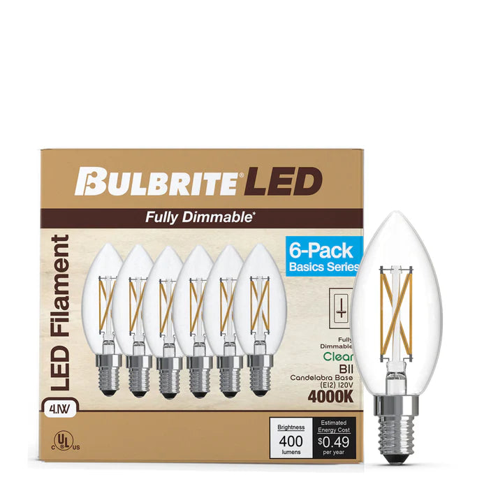 (6 Pack) Bulbrite 776231, 4-Watt B11 LED Filament Light Bulb, E12 Candelabra Base, 4000k CCT, Dimmable