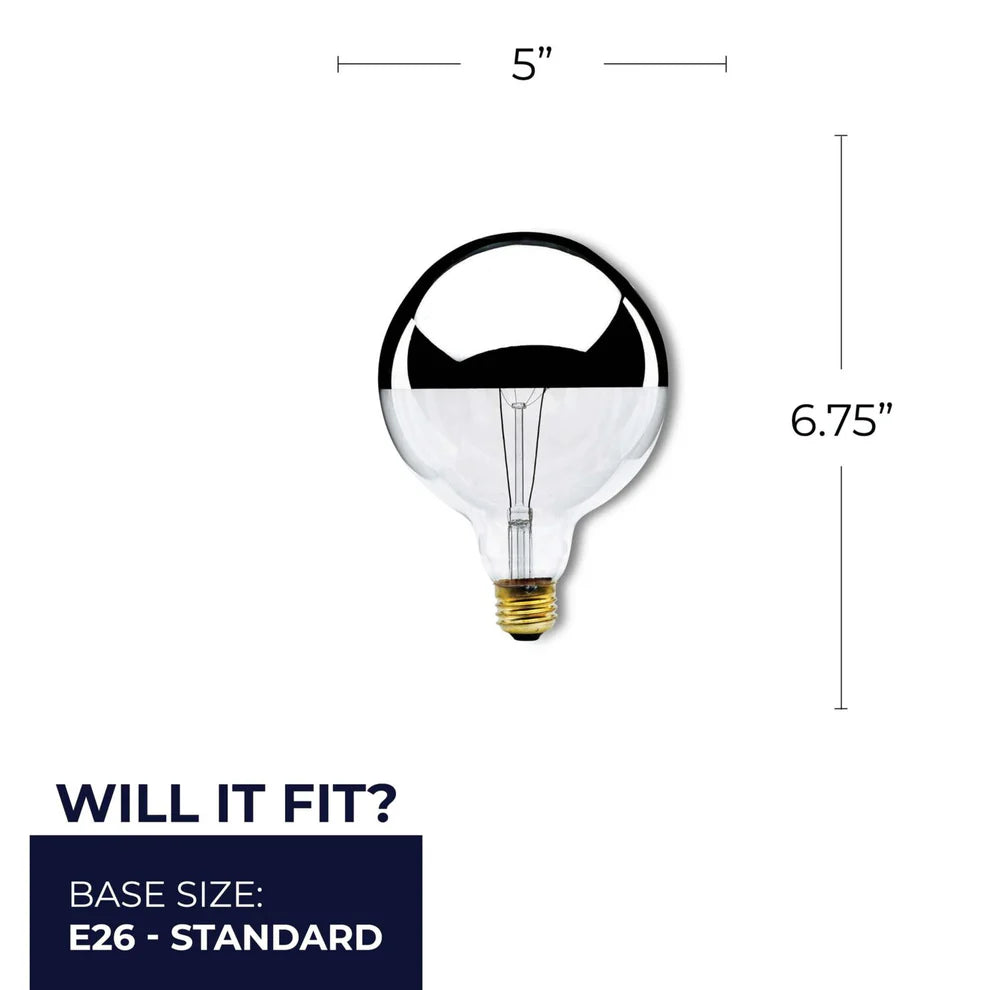 Bulbrite 712356, 60 Watt Dimmable Half Chrome G40 Incandescent Light Bulbs with Medium (E26) Base, 2700K Warm White Light