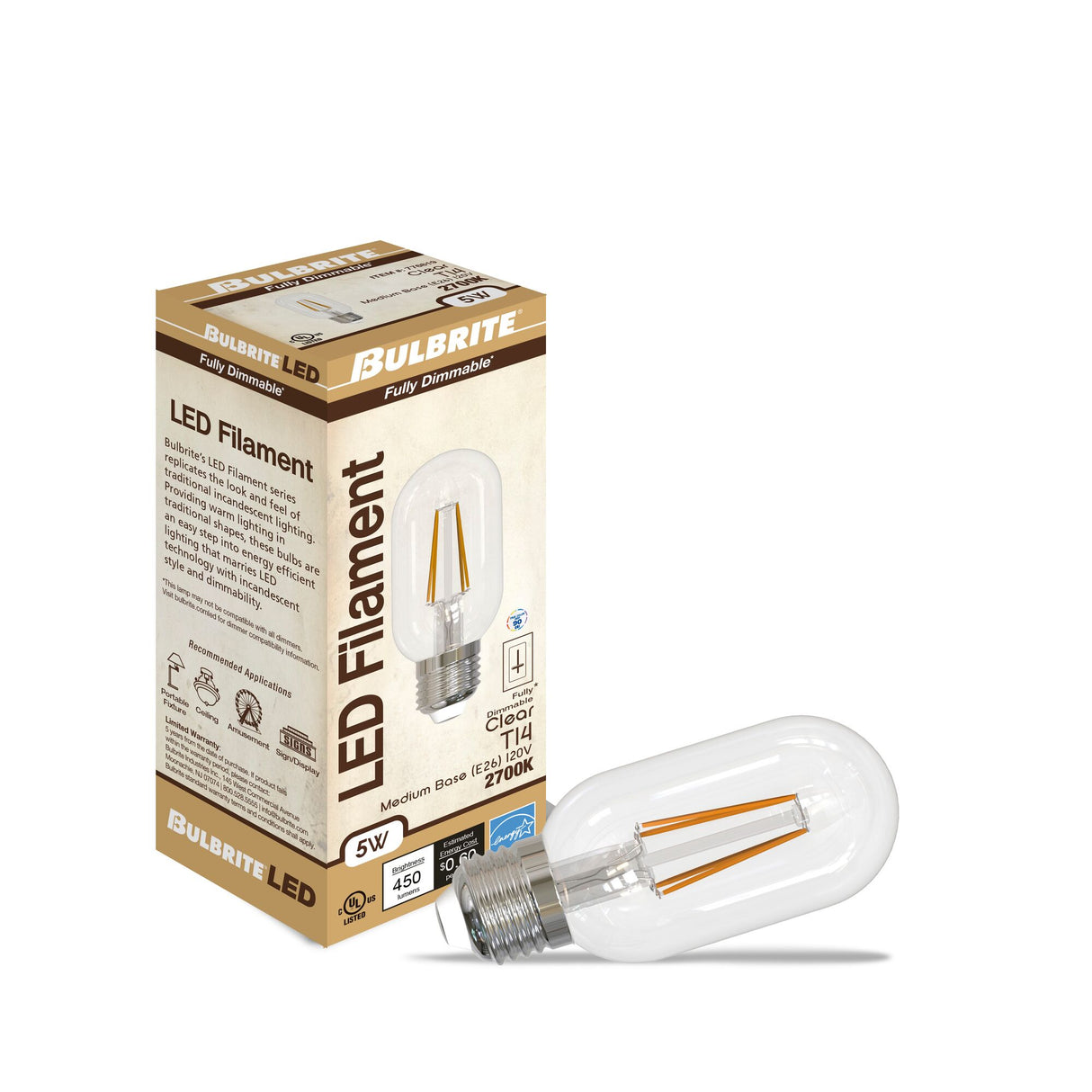 Bulbrite 5 Watt Dimmable Clear Filament T14 Medium (E26) LED Light Bulb - 450 Lumens, 2700K