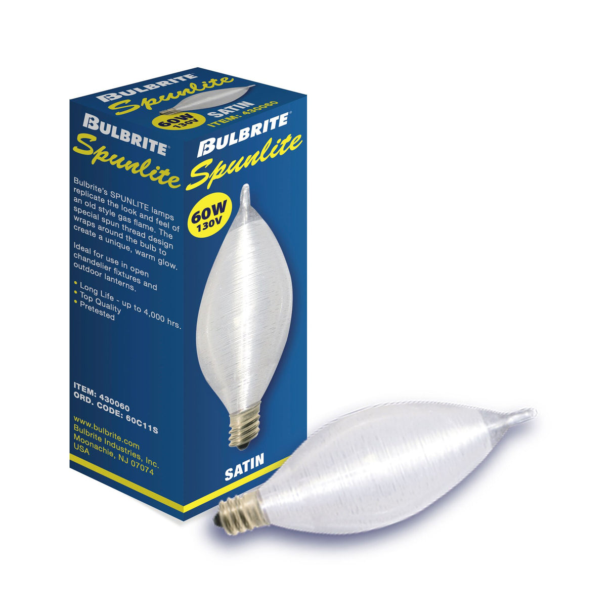 Bulbrite Spunlite 60 Watt Dimmable C11 Incandescent Light Bulbs with Candelabra (E12) Base, Satin Finish