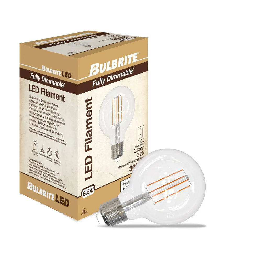 Bulbrite 776750, LED Filament 8.5 Watt Dimmable Globe G25 Light Bulb with Clear finish and Medium (E26) Base - 3000K Soft White Light, 800 Lumens