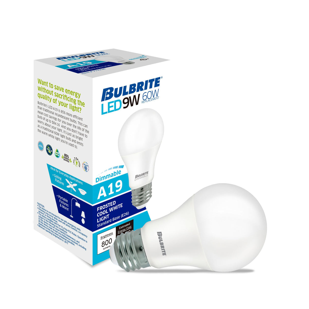 Bulbrite LED Filament 9 Watt Dimmable A19 Light Bulbs with Frost Finish and Medium (E26) Base - 4000K (Cool White Light), 800 Lumens