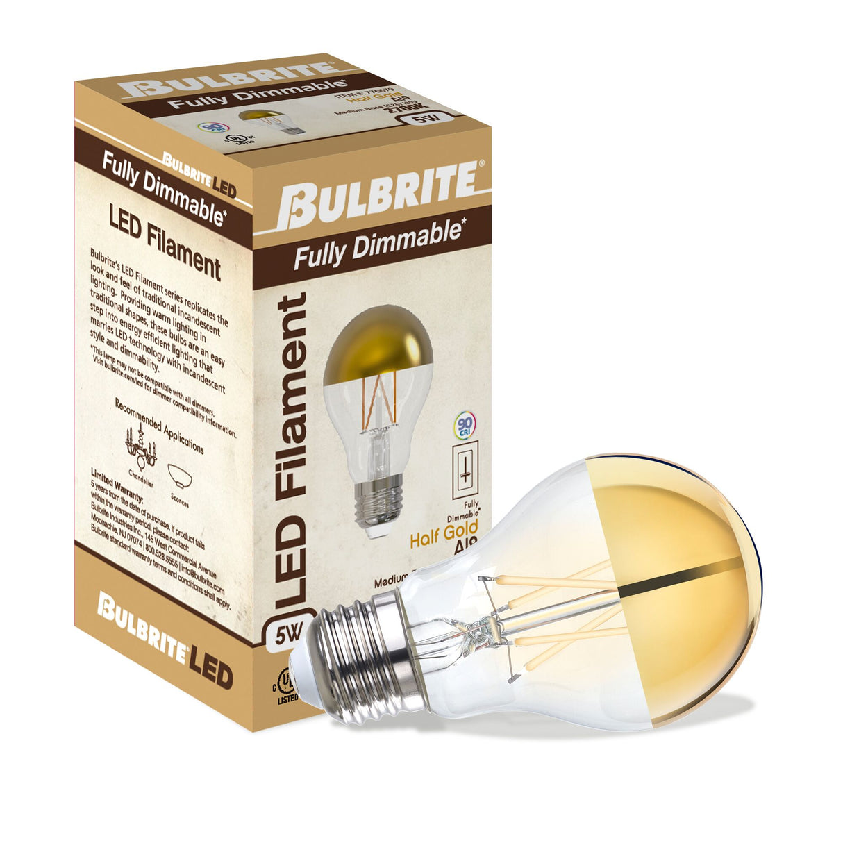 Bulbrite 776679, LED Filament 5 Watt Dimmable A19 Light Bulb with Half Gold Glass Finish and Medium (E26) Base - 2700K (Warm White Light), 400 Lumens