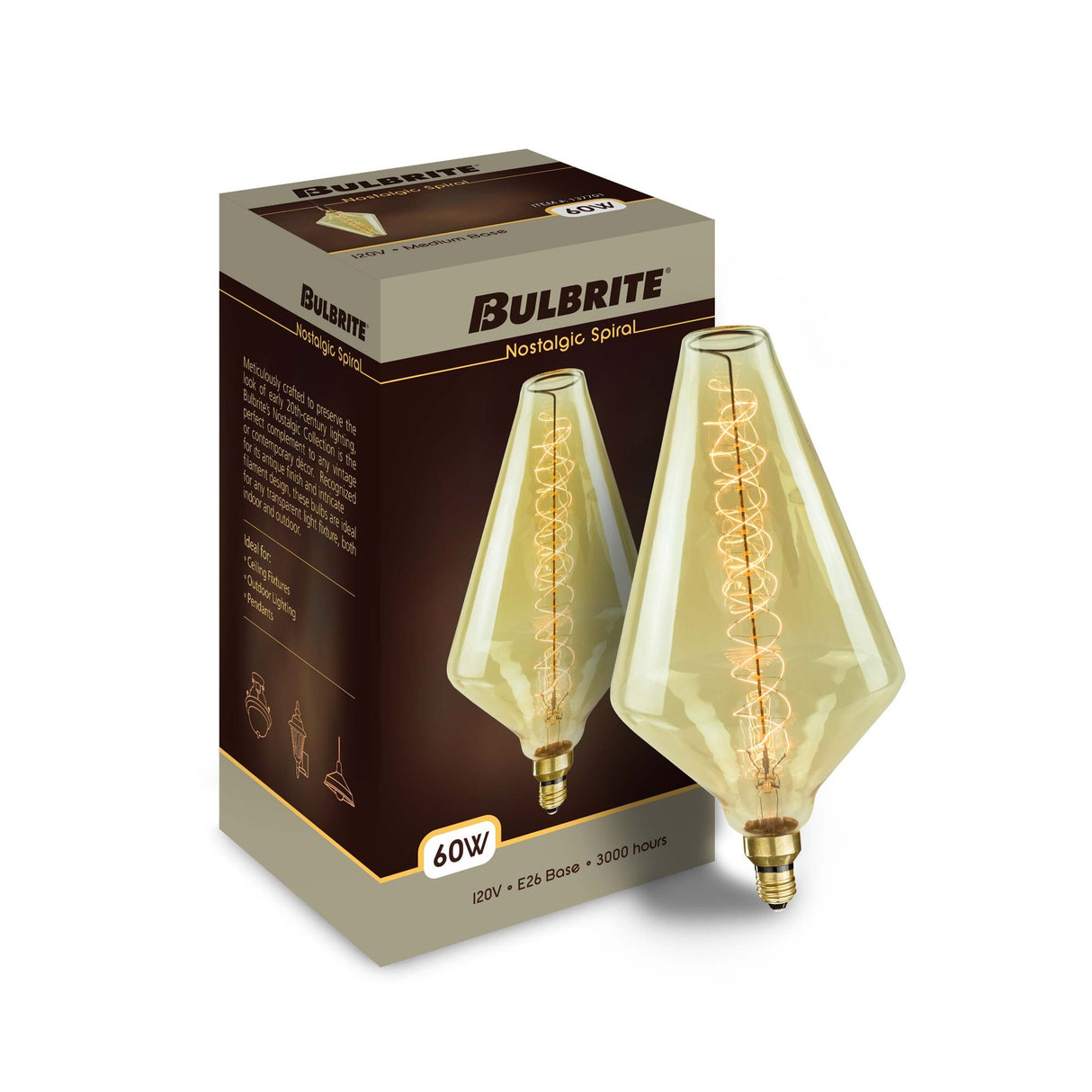 Bulbrite Grand Nostalgic Collection 60 Watt Dimmable Diamond Shape Oversized Decorative Incandescent Light Bulb with Medium (E26) Base, 2200K Amber Light, Antique Glass Finish