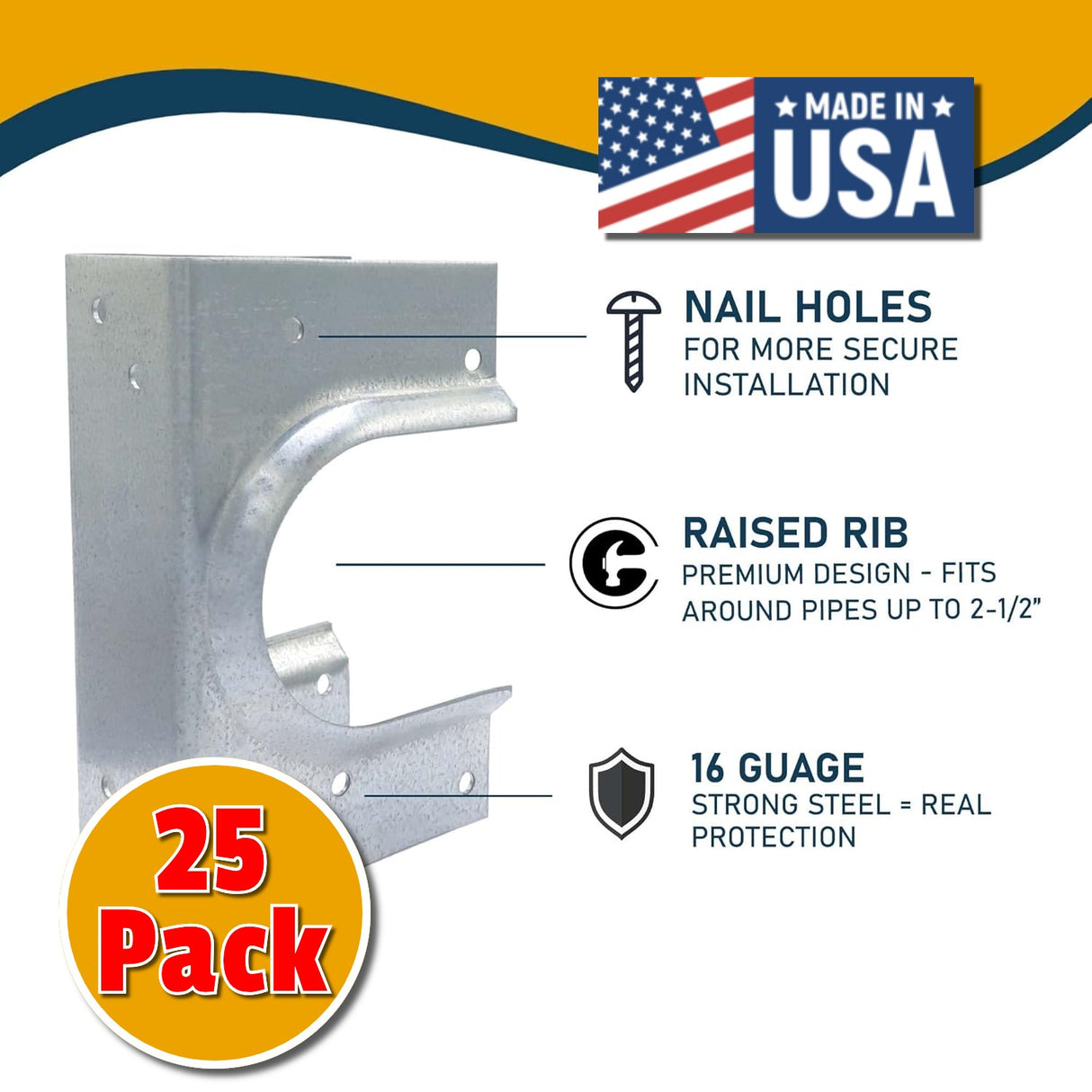 (25 Pack) Airmont Products AP-533-1, Metal Stud Shoes for Single Wood Studs, Fits up to 2-1/2 Inch Pipes, Reinforced Rib for Premium Durability and Extra Support, Made in USA