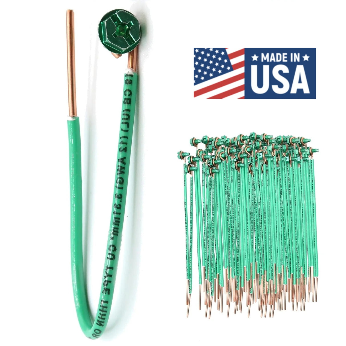 (Pack of 100) Green Ground Solid Copper Wire 6.5 Inches Long, 12 AWG, with Captive Ground Screw, Made in USA