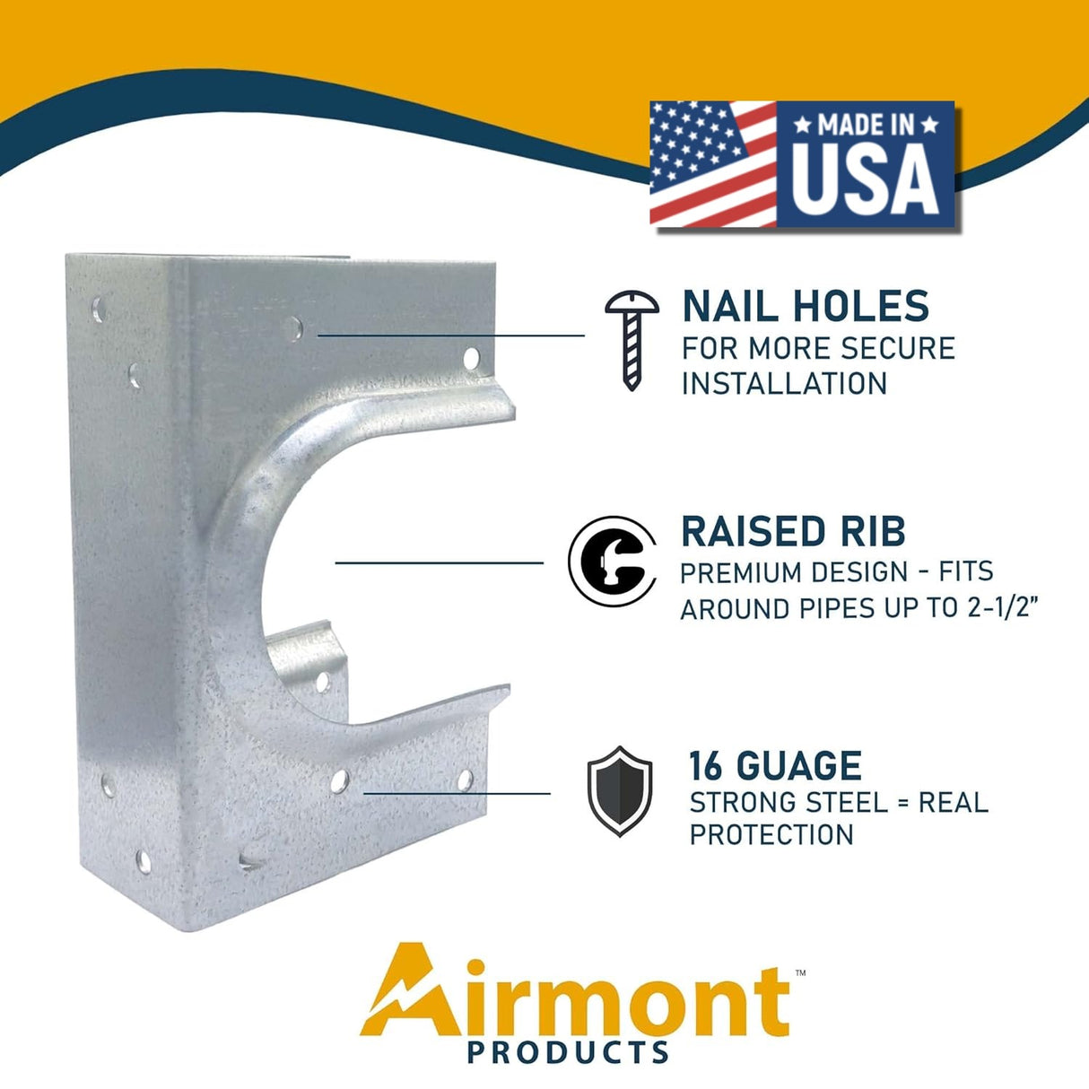 Airmont Products AP-533-1, Metal Stud Shoes for Single Wood Studs, Fits up to 2-1/2 Inch Pipes, Reinforced Rib for Premium Durability and Extra Support, Made in USA