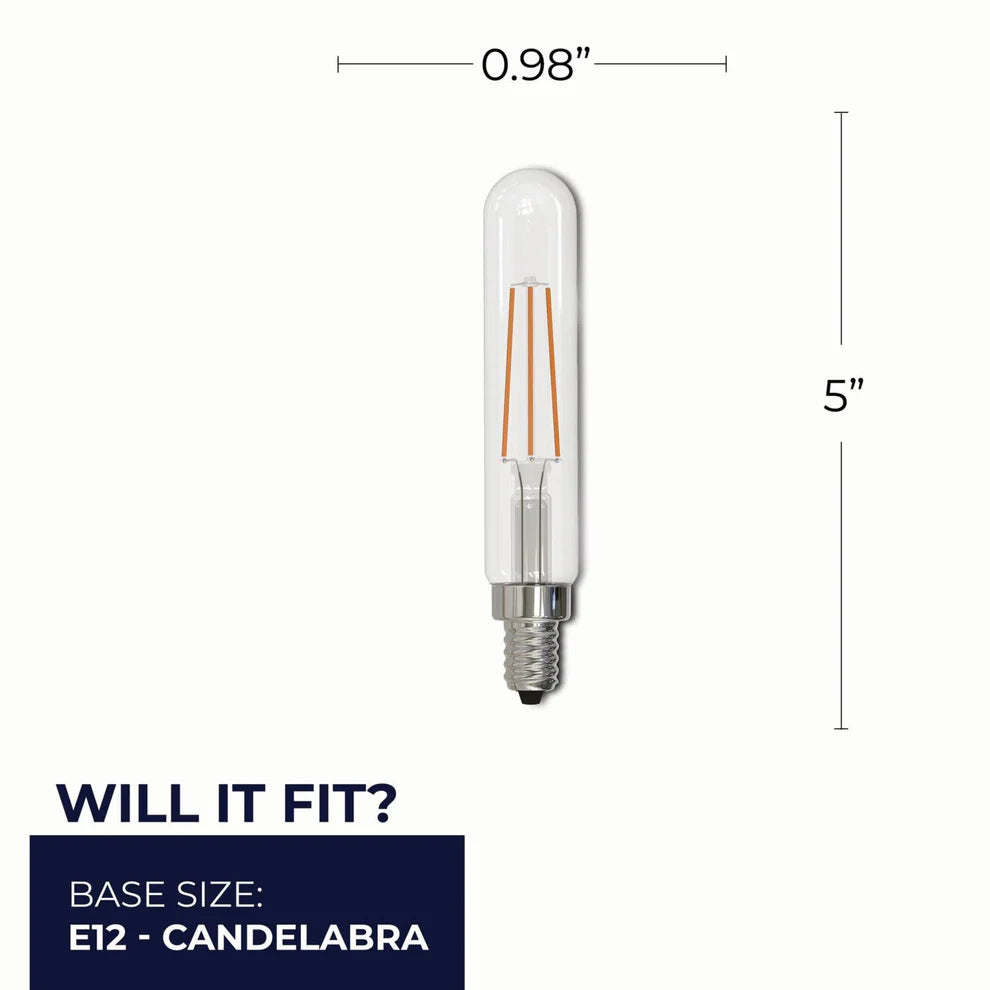 Bulbrite 776723, LED Filament 4.5 Watt Dimmable T8 Light Bulb with Clear Glass Finish and Candelabra (E12) Base - 2700K (Warm White Light), 450 Lumens