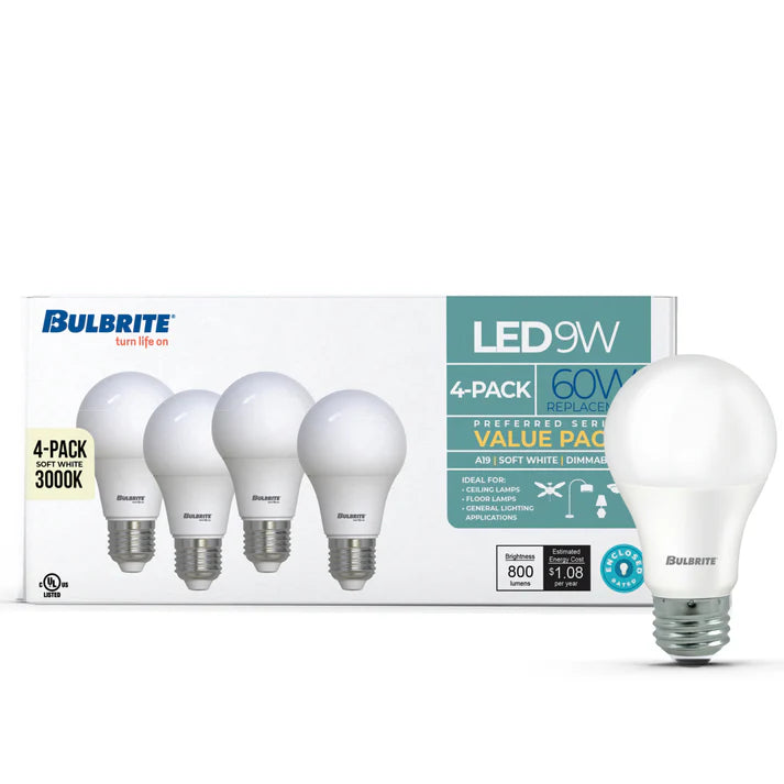 (4 Pack) Bulbrite 774254, 6 Watt LED A19 Light Bulb, 3,000k, E26 Standard Base, Dimmable