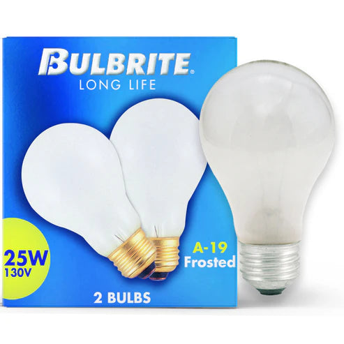Bulbrite 100025, 2-Pack, Incandescent A-Type A19 Light Bulb with E26 base, Frost, 2700K