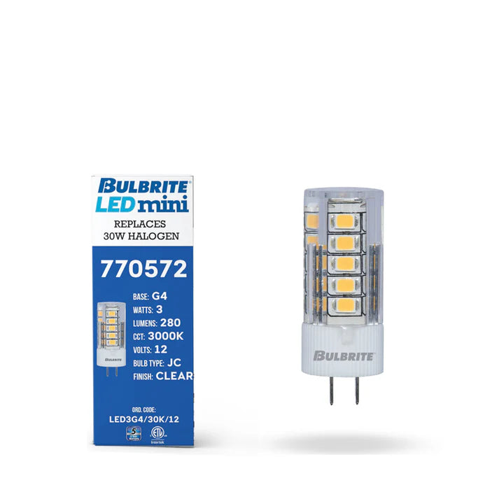 Bulbrite 770572, LED 12-Volt JC Specialty Mini Bulbs with G4 (Bi-Pin) Base, 3 Watt, 3000K (Soft White Light)