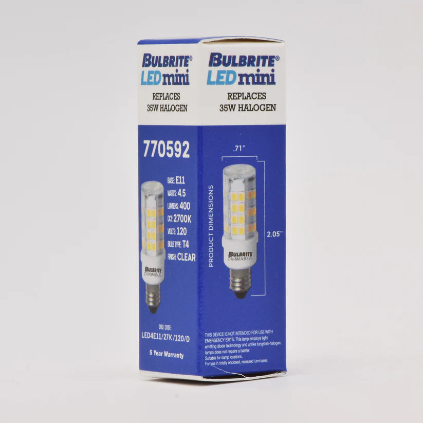 Bulbrite 770592, 4.5 Watt T6 Mini Tubular LED Light Bulb, Line Voltage Dimmable Mini-Candelabra Screw Base (E11) Warm White Light Bulb
