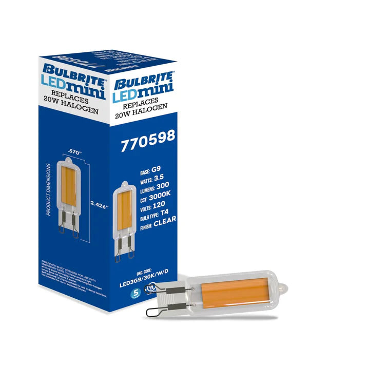 Bulbrite 770598, LED Filament 3.5 Watt Mini T4 Light Bulb with Clear finish and Bi-Pin (G9) Base - 3000K Soft White Light, 300 Lumens