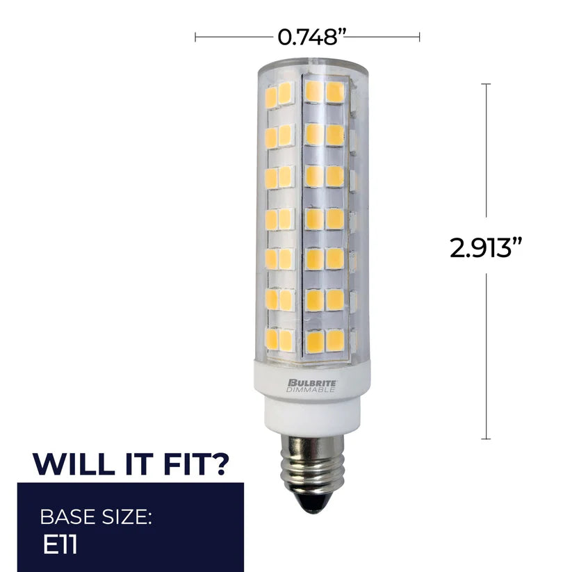 Bulbrite 770641, LED Specialty Minis T6 Tubular Light Bulb with E11 base, Clear, 3000K, 700 Lumens