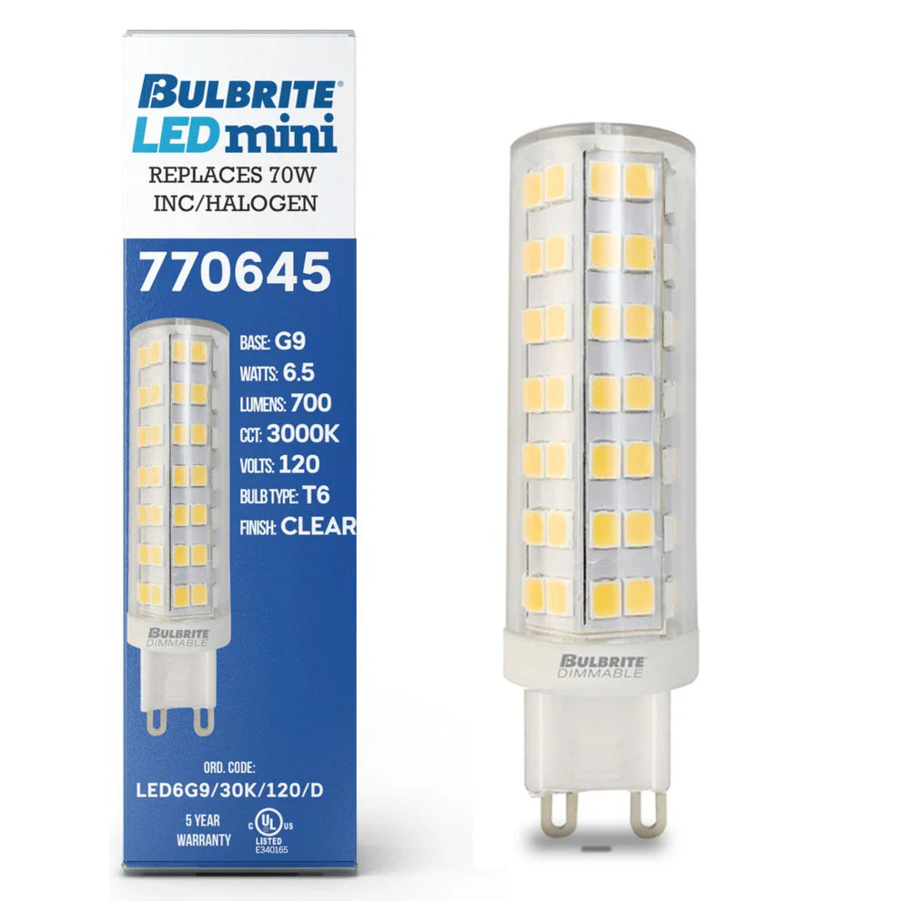Bulbrite 770645, LED Specialty Minis T6 Light Bulb with G9 base, Clear, 3000K, 700 Lumens