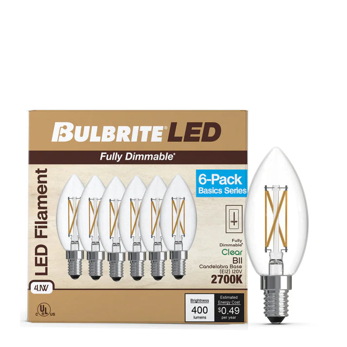 (6 Pack) Bulbrite 776229, 4 Watt LED B11 2700k Filament Light Bulb, E12 Candelabra Base, Dimmable