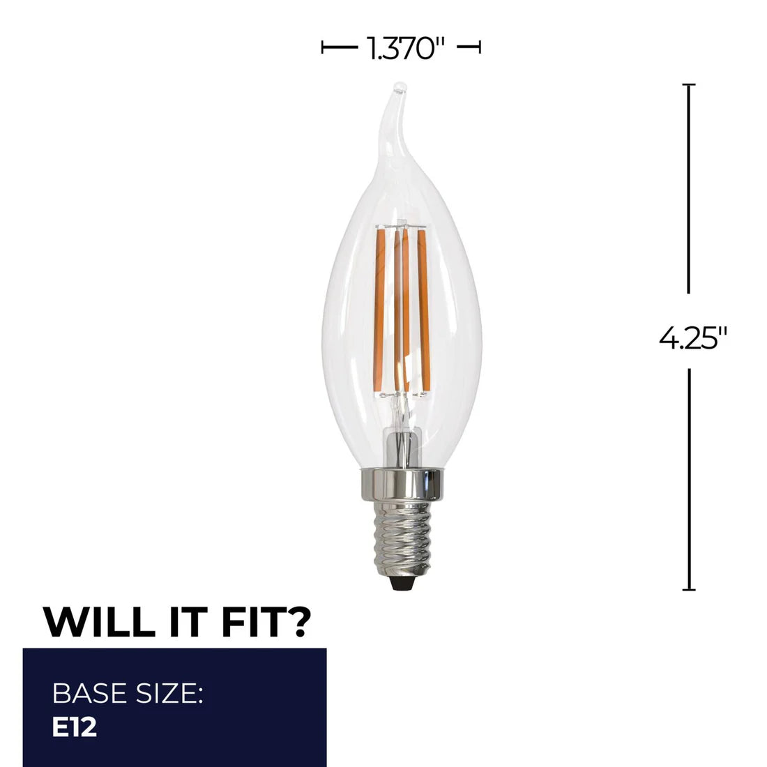 Bulbrite 776740, LED Filament 6.5 Watt Dimmable CA10 Light Bulb with a Clear finish and Candelabra (E12) Base - 3000K Soft White Light, 750 Lumens