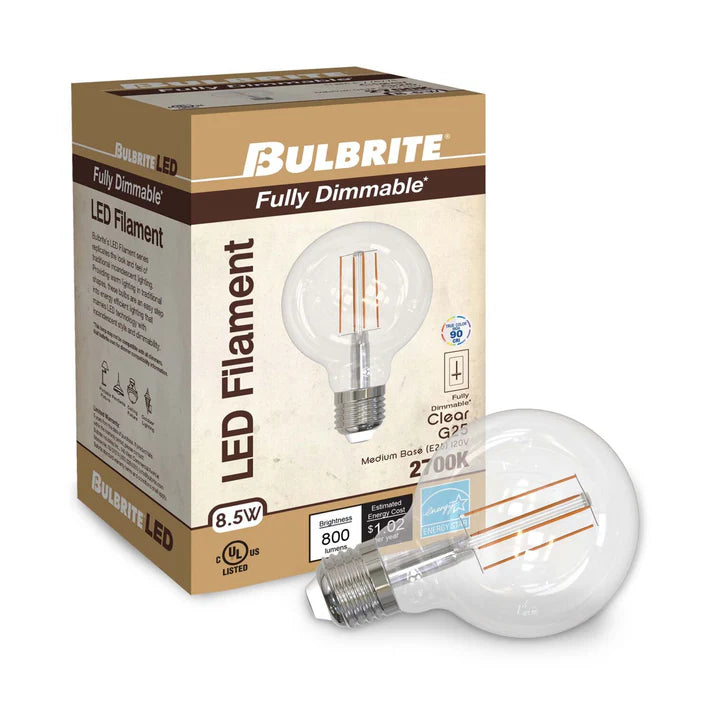 Bulbrite 776749, LED Filament 8.5 Watt Dimmable Globe G25 Light Bulb with Clear finish and Medium (E26) Base - 2700K Warm White Light, 800 Lumens