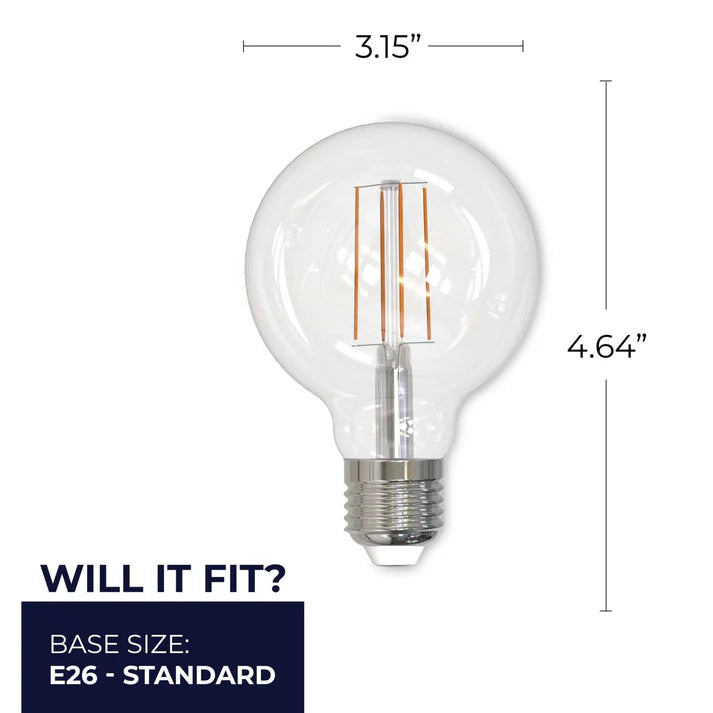Bulbrite 776749, LED Filament 8.5 Watt Dimmable Globe G25 Light Bulb with Clear finish and Medium (E26) Base - 2700K Warm White Light, 800 Lumens