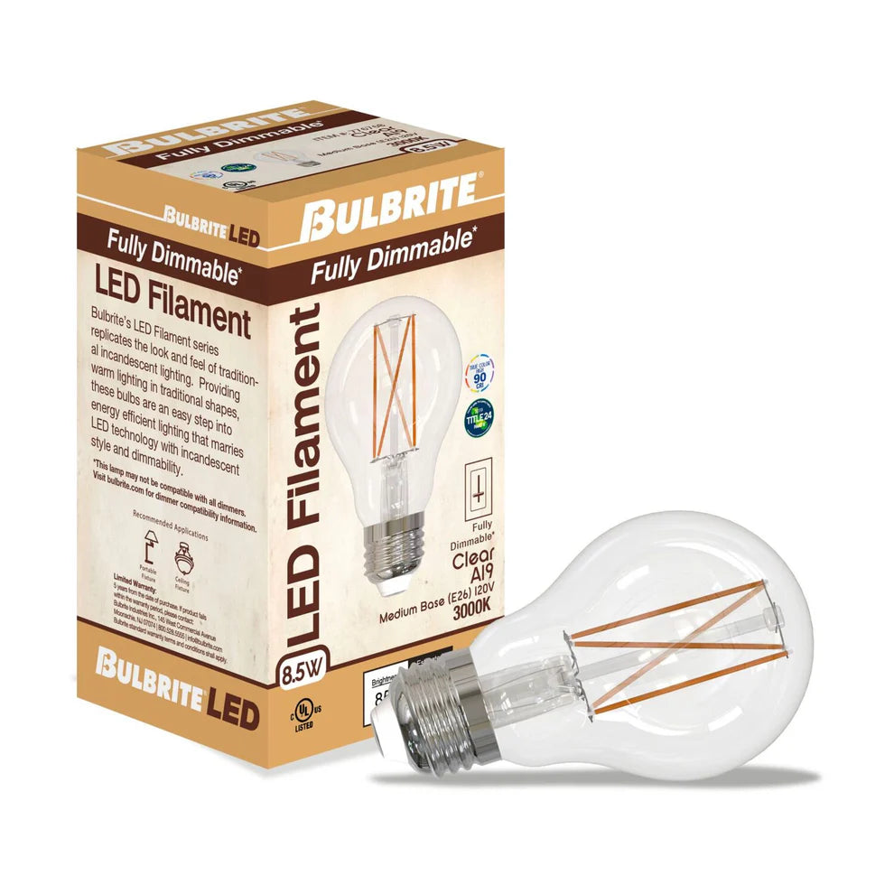 Bulbrite 776768, 8.5 Watt Dimmable Clear Filament A19 Medium (E26) LED Light Bulb - 800 Lumens, 3000K, and 90 CRI