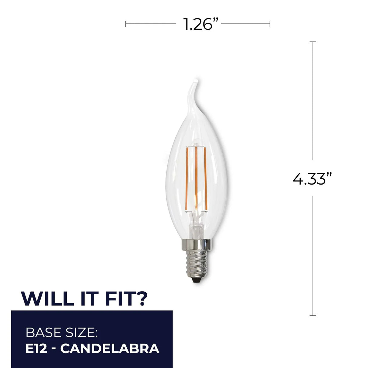 Bulbrite 776859, 4.5 Watt Dimmable Clear Filament CA10 Candelabra (E12) LED Bulb - 350 Lumens, 2700K, and 90 CRI