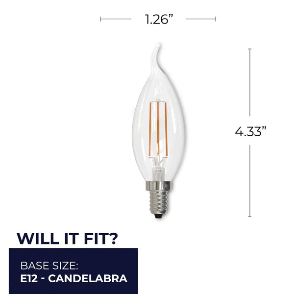 Bulbrite 776864, 4.5 Watt Dimmable Clear Filament CA10 Candelabra (E12) LED Bulb - 350 Lumens, 3000K, and 90 CRI